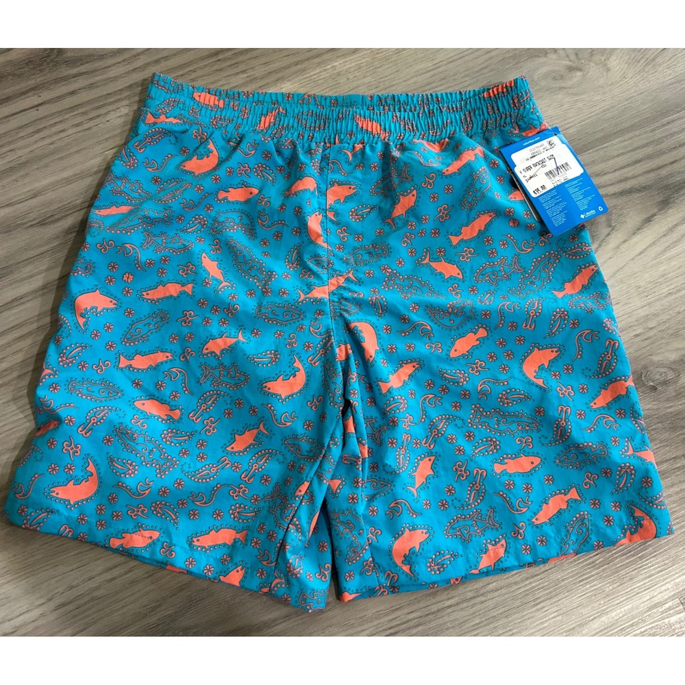 Columbia Kids Super Backcast Swim Shorts Nylon M L Blue Orange Fish Paisley